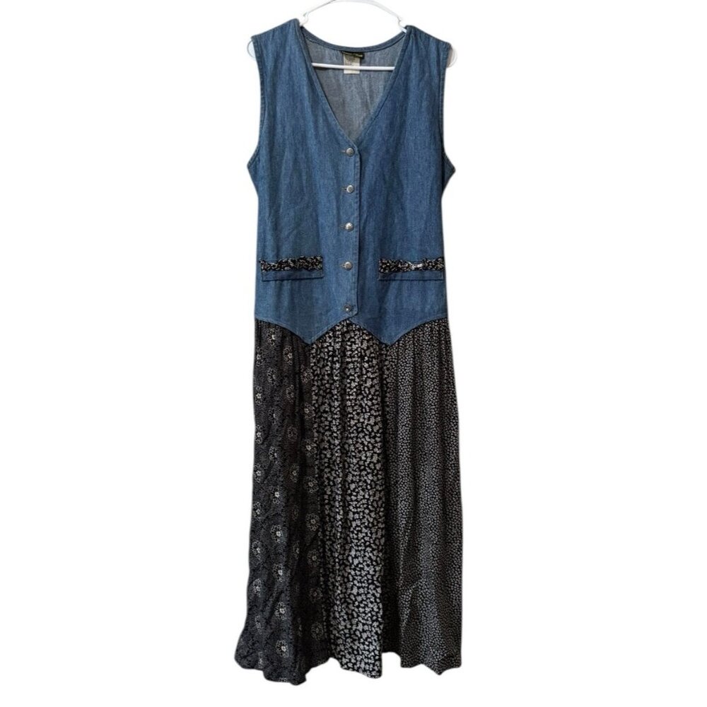 Stuart Alan Women Size 12 Denim Floral Dress Sleeveless Teacher Cottagecore 90's
